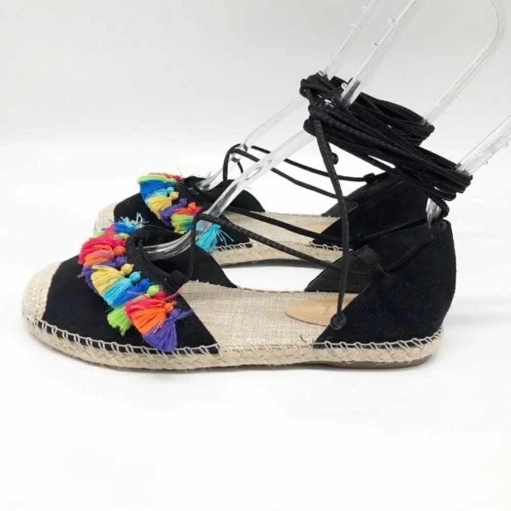 SCHUTZ Asha Black Suede Tassel Flat Espadrille